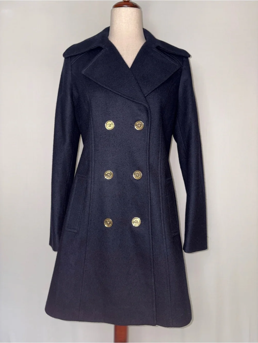 Michael Kors Classic Double-Breasted Skirted Wool Peacoat in Navy Size Small